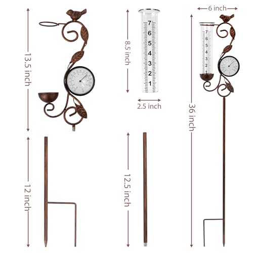 36in Bird Rain Gauge Thermometer Bronze Metal Garden Stake Decor - color: Bronze Bird