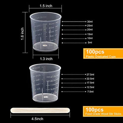Coopay 100 Pack 30ml/1oz Plastic Graduated Cups Transparent Scale Cups Clear Epoxy Mixing Cylinder with 100 Pack Wooden Stirring Sticks for Resin, Epoxy, Stain, Mixing Paint - size: 30ml