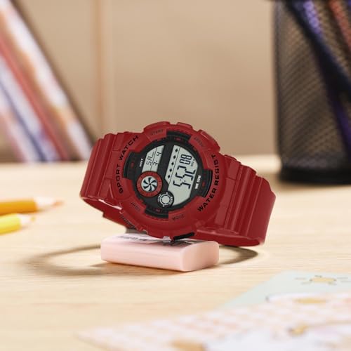 findtime Digital Watch Womens Sport Waterproof White Wrist Watches for Women with Alarm Stopwatch Hourly Chime LED Display 12H/24H Calendar - color: Red
