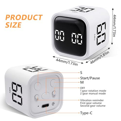 GuDoQi Multi-Function Cube Timer, 5/10/30/60 Min & Custom Count Down, Included Pause & Resume Feature, Silent, Vibrate & Adjustable Sound Alarm for Productivity in Tasks, Study & Kitchen, White - color: White