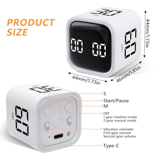 GuDoQi Multi-Function Cube Timer, 5/10/30/60 Min & Custom Count Down, Included Pause & Resume Feature, Silent, Vibrate & Adjustable Sound Alarm for Productivity in Tasks, Study & Kitchen, White - color: White