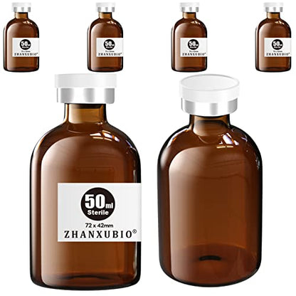 Sterile Empty Vials with Self Healing Injection Port and Aluminum Plastic Cap,Sterile Package (50ml Amber 6PCS) - size: 50ml Amber 6PCS