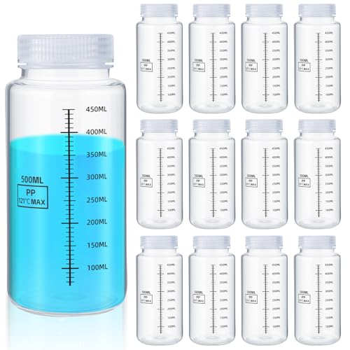 Tatuo 12 Pcs 16oz 500ml Plastic Sample Bottles with Screw Cap, Liquid Containers with Lid for Lab Reagent Sample Medicine Pill Water Storage, Travel Bottles(Clear, Wide Mouth-Dark Scale) - color: Clear, size: 16 oz 500 ml, style: Wide Mouth-dark Scale