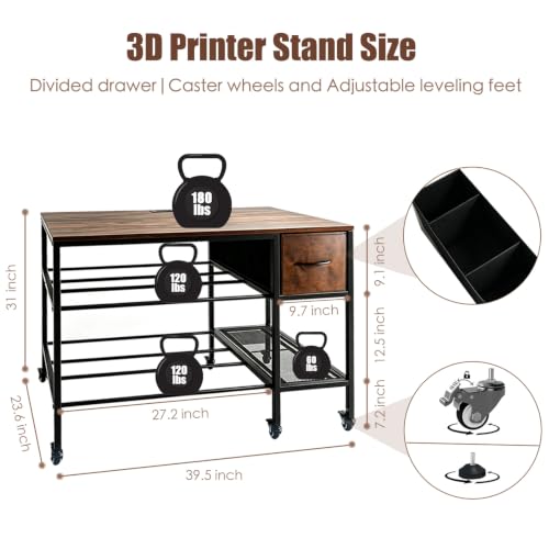 3D Printer Stand with Fliament Storage, Heavy Duty 3D Printer Table (Brown) - color: Brown, size: 2Tier