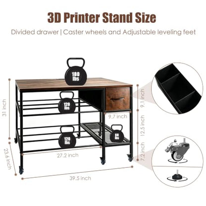3D Printer Stand with Fliament Storage, Heavy Duty 3D Printer Table (Brown) - color: Brown, size: 2Tier
