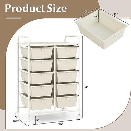 COSTWAY 10 Drawer Rolling Storage Cart, Utility Cart with Lockable Wheels - color: White, size: 10 Drawer