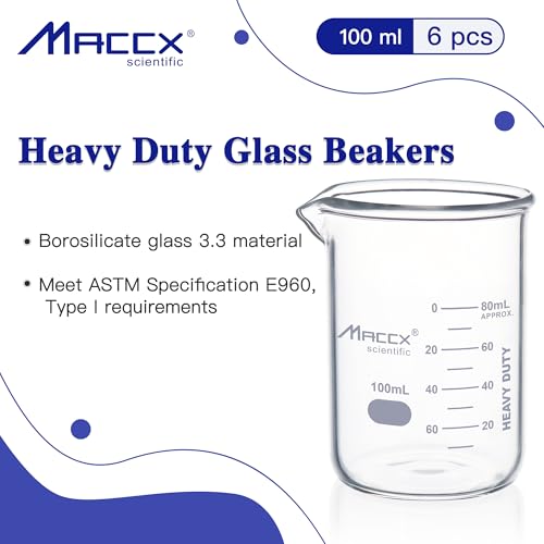 3.4oz(100ml) Sturdy Glass Beaker, Heavy-Duty Lab Beaker Set, 3.3 Borosilicate Griffin Low Form with Printed Graduation, Pack of 6, BKL100-006 - style: Vol.100ml, Pack of 6