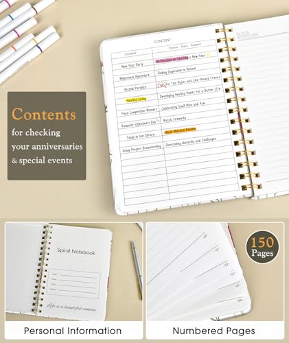 Lined Spiral Journal Notebook for Women, A5 Cute Hardcover Spiral Journals for Work, Note Taking, 150 Numbered Pages 100 GSM College Ruled Spiral Bound Notebook, 5.75" x 8.38", Ivory Wild Flowers - color: Ivory Wild Flowers