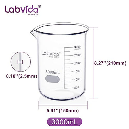 Glass Beaker, Vol. 3000ml, 3.3 Borosilicate Griffin Low Form with Printed Graduation,LVA022 - style: Vol.3000ml