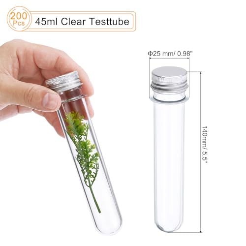 PATIKIL 200Pcs 45ml Plastic Test Tube with Screw Caps, 140x25mm Tubes Aluminum Lid, for Scientific Experiments Party Decoration Candy Bead Storage Bath Salt
