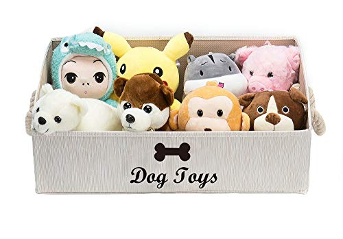 Geyecete Large Dog Toys Storage Bins-Foldable Fabric Trapezoid Organizer Boxes with Weave Rope Handle,Collapsible Basket for Shelves,Dog Apparel(Beige-Dog) - color: Beige