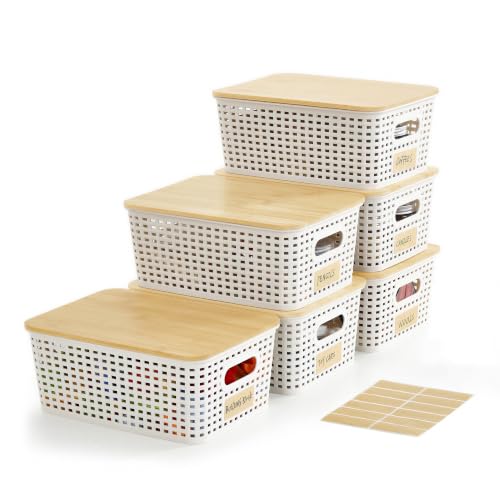 Bagnizer Small Plastic Storage Bins with Bamboo Lids 5.2qt Stackable Box Basket Pantry Decorative Containers Cute with Labels for Organizing Desktop Closet Office Cream White of 6 packs 10*7.2*4.1" - color: Cream White, size: Small- 6 Pack