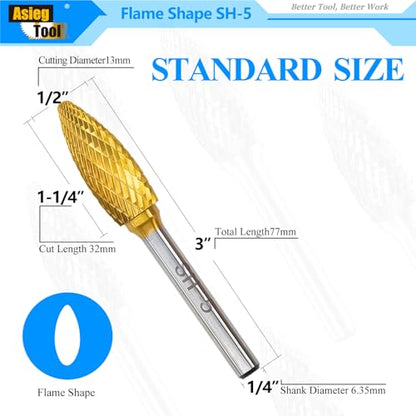 SH-5 5pcs Tungsten Carbide Burr TiN Rotary File Flame Shape Double Cut with 1/4''Shank for Die Grinder Drill Bit - style: 5pcs SH-5 TIN