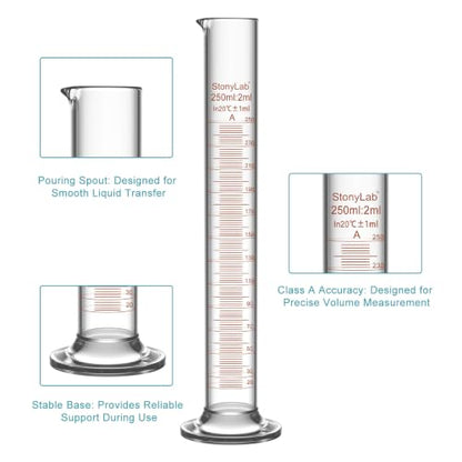stonylab Class A Graduated Cylinder, 250 ml Borosilicate Glass High Precision Measuring Cylinder with Clear Scale and Stable Base for Laboratory Liquid Measurement - size: 250 ml