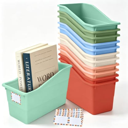 12 Pack Book Bins for Classroom Stackable Plastic Storage with Labels - color: Macaron