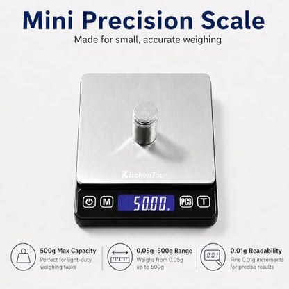 KitchenTour Mini Gram Scale for Coffee, Jewelry and Small Items, 500g x 0.01g Digital Pocket Scale with Tare, 6 Units, Back-Lit LCD, 2 Trays, Black - size: 500g/0.01g (Pack of 1)