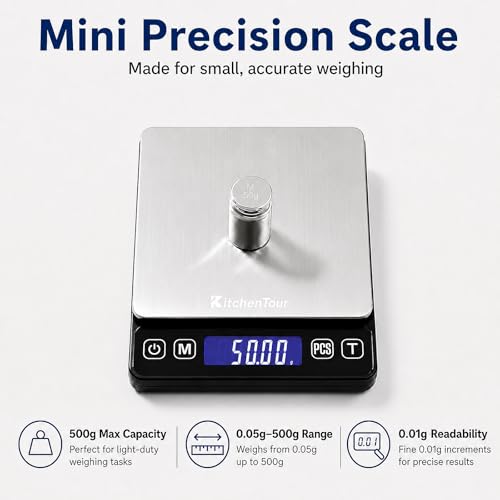 KitchenTour Mini Gram Scale for Coffee, Jewelry and Small Items, 500g x 0.01g Digital Pocket Scale with Tare, 6 Units, Back-Lit LCD, 2 Trays, Black - size: 500g/0.01g (Pack of 1)