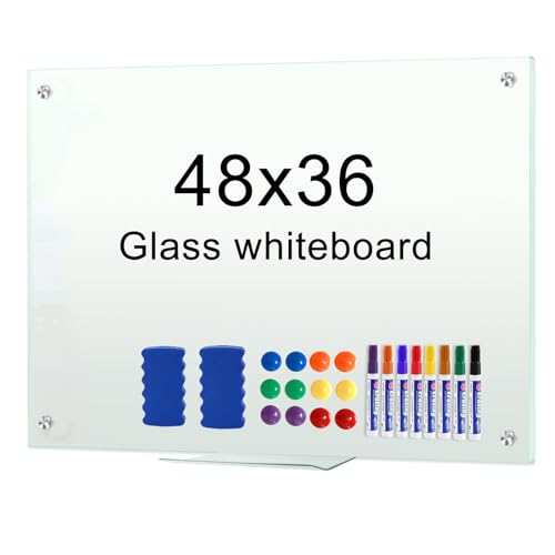 H-Qprobd Dry Erase White Board 48"x36" Glass Magnetic Whiteboard for Wall, Includes 12 Magnets, 8 Markers and 2 Erasers - size: Glass 48"x36"