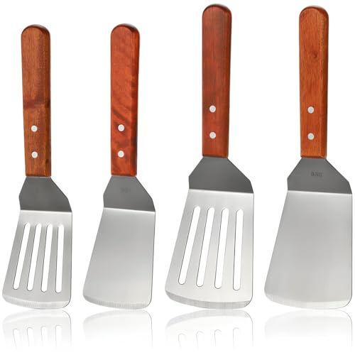 Pumtus 4 Pack Stainless Steel Spatula Set, 2 Sizes Metal Spatulas for Kitchen Use, Hevy Duty Solid & Slotted Turner with Wooden Handle, Flat Top Grill Spatula for Egg, Hamburger, Fish, Cooking, BBQ