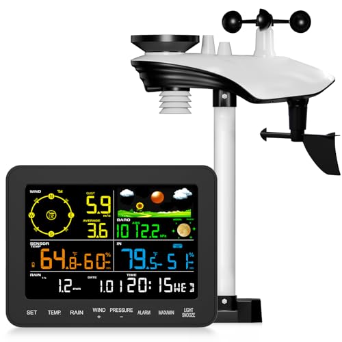 Weather Station Wireless, 12-in-1 Weather Station with Rain Gauge, Wind Speed, Weather Forecast, Air Pressure, Humidity, Alarm Clock, Apparent Temperature(No WiFi)