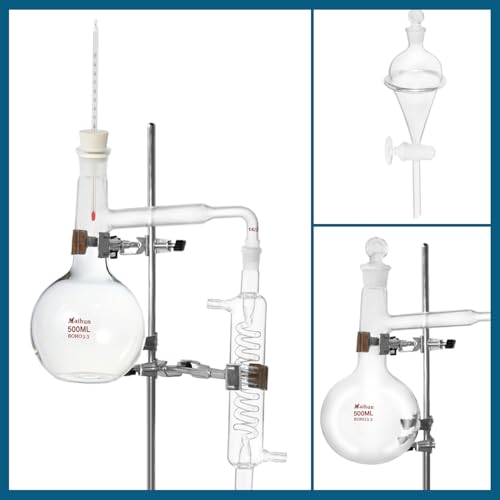 Home Distiller Distilling to Making Your Own Essential Oil, Moonshine, 3.3 Boro Alcohol Distiller Chemistry Lab Glassware Kit,Glass Distilling,Distillation Apparatus 15pcs Set, 500 ML