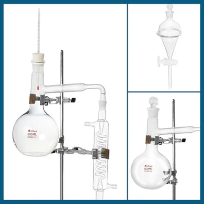 Home Distiller Distilling to Making Your Own Essential Oil, Moonshine, 3.3 Boro Alcohol Distiller Chemistry Lab Glassware Kit,Glass Distilling,Distillation Apparatus 15pcs Set, 500 ML