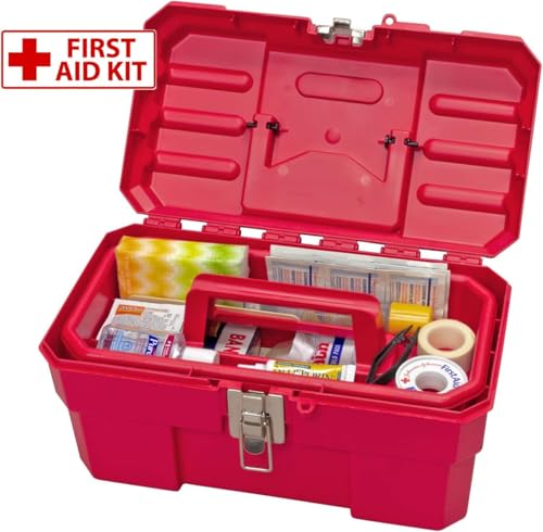 Akro-Mils 14-Inch Plastic Toolbox with Removable Tray, Steel Latch & Padlock Eye, Industrial-Grade Tool Box for Tools, Crafts, First Aid & Hobby Supplies, 14" x 8" x 8", Made in USA, Red (09514) - color: Red