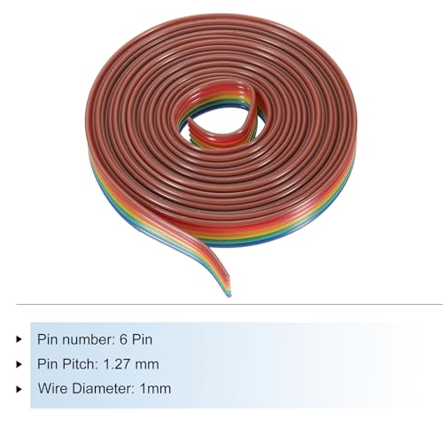 MECCANIXITY 1 Pcs 6 Pin Flat Rainbow Ribbon Cable 6.6 ft 1.27mm Pitch Breadboard Jumper Wires for Electronic Projects - size: 6.6 Ft, style: 6P