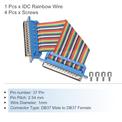 MECCANIXITY IDC Rainbow Wire Flat Ribbon Cable DB37 Male to DB37 Female 3.9 Inch Length 2.54mm Pitch Breadboard Jumper Wires for Electronic Projects - size: 3.9 Inch, style: DB37 Male to DB37 Female