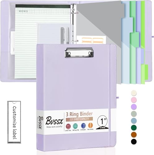 3 Ring Binder with Clipboard,1 Inch Binders with Notepad&5 Dividers with Pockets, Pen Holder, Leather Clipboards for School Office(Purple, Letter Size) - color: Purple, size: 1 Inch