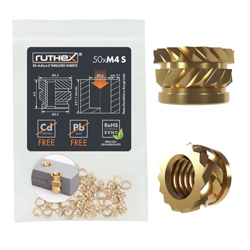ruthex M4 Threaded Inserts Short - 50 Pieces RX-M4Sx4.0 Brass Heat Set Insert for Plastic Parts - Metric knurled Nuts - Insert by Heat into 3D Printing Components - color: Metric Threaded Insert, size: M4Sx4.0 SHORT (50pcs)