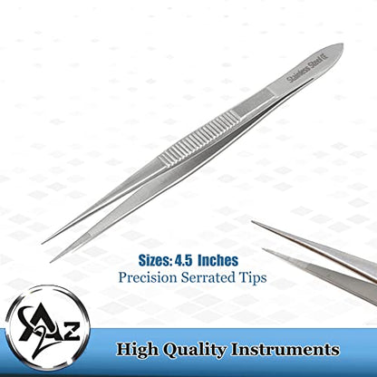 Stainless Steel High Precision Forceps with Fine Strong Straight Serrated Point to use Engineer Labware for Scientific Use (4.5 Inch) - size: 4.5 Inch