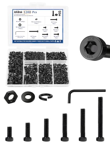 1200PCS M2 Screws Kit, 12.9 Grade Alloy Steel Socket Head Cap Screws with Hex Nuts, Flat & Spring Lock Washers, Metric Bolt Set S1.5 Hex Key Included, Black Oxide, 3D Printing Electronics Repair - size: M2 1200pcs