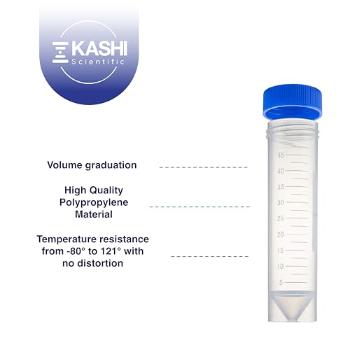 Kashi Scientific 50mL Self Standing Centrifuge Tubes with Screw Cap Lid, Lab Grade Polypropylene Plastic, Skirted, Printed Graduation, Write-on Spot [50mL Self-Standing, 300] - size: 50mL Self-Standing, Sterile