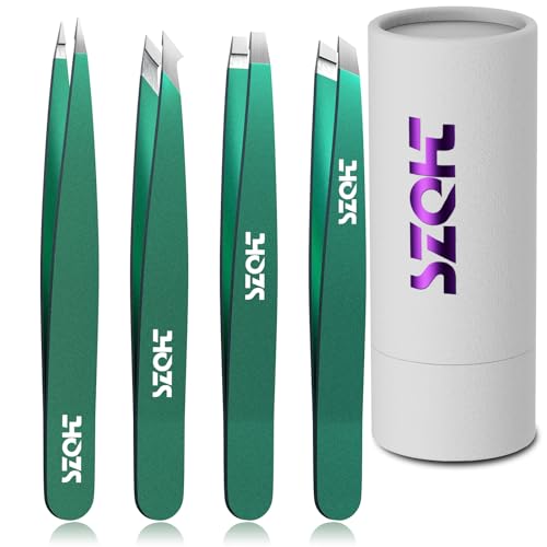 4-Piece Precision Tweezers Set - Stainless Steel Slant, Pointed, Flat & Angled Tips forEyebrow Shaping, Facial & Ingrown Hair Removal - Eco-Friendly Gift Packaging - Women& Men - color: Green