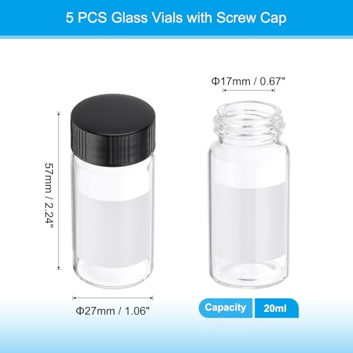 PATIKIL Small Glass Sample Bottles with Lids, 5 Pcs 20ml Clear Glass Vials with Black Screw Caps Mini Leak Proof Reagent Sealed Bottles with Writing Label for Solid Liquid Powder Storage - color: Black/Clear, size: 20ml