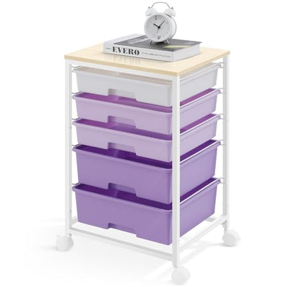 SYKIARIOL Utility Cart with 5 Drawers with Wooden Top,Purple - color: Purple