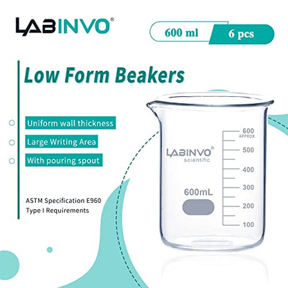 Low Form Graduated Glass Beaker, 6pcs of Vol.600ml, 3.3 Borosilicate Glass Beaker Set, IN-BKL600 - size: 6 PCS of 600 mL