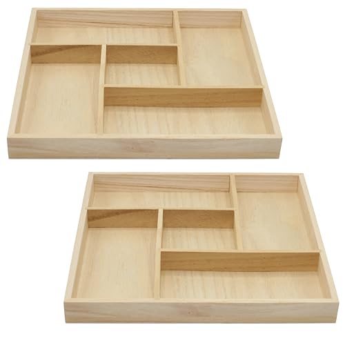 5 Section Wooden Trays – 10" × 10" Square Organizers with Compartments for Crafts, Drawer Tidying, Snacks, and Display | 2 Pack - size: 5 Section