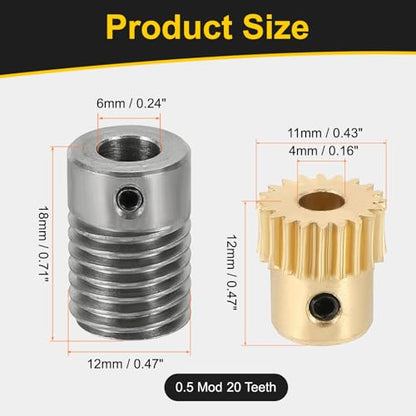 uxcell Worm Gear Set 20T 0.5 Module 20:1 Reduction Rate, Right Rotation Drive Gear Box Wheel Reduce Transmission Part (Brass Gear-4mm Bore, #45 Steel Rod 6mm Bore) - size: Gear-4mm, Rod-6mm Bore, style: 0.5M-20T