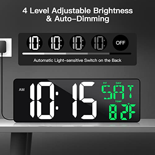 17" Large Digital Wall Clock with Remote, Auto Dimmer, Date Temp, Timer - color: Green + White