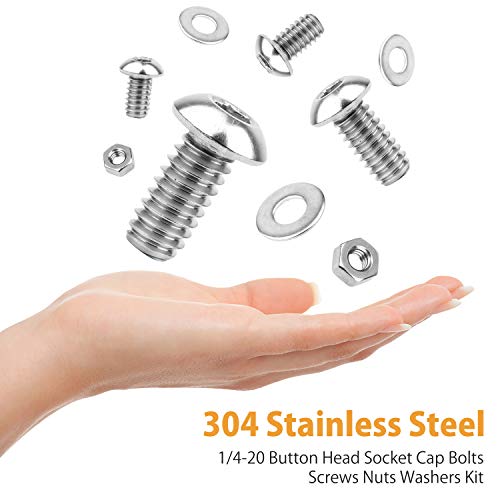 VIGRUE 300pcs 1/4-20 Hex Button Head Cap Screw, 304 Stainless Steel UNC Hexagon Bolts Flat Washers Nuts Assortment Kit Machine Screws Set, 8 Sizes (Length from 3/8" to 2") - size: 300pcs 1/4-20 Button Head