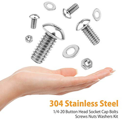 VIGRUE 300pcs 1/4-20 Hex Button Head Cap Screw, 304 Stainless Steel UNC Hexagon Bolts Flat Washers Nuts Assortment Kit Machine Screws Set, 8 Sizes (Length from 3/8" to 2") - size: 300pcs 1/4-20 Button Head