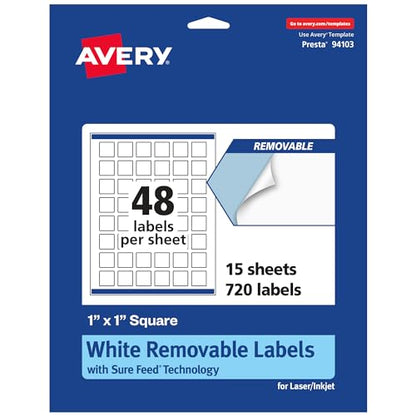 Avery® Matte White Removable Square Labels, Sure Feed® Technology, Print-to-The-Edge, 1" x 1", 720 Removable Labels, Laser/Inkjet Printable - style: 720 labels