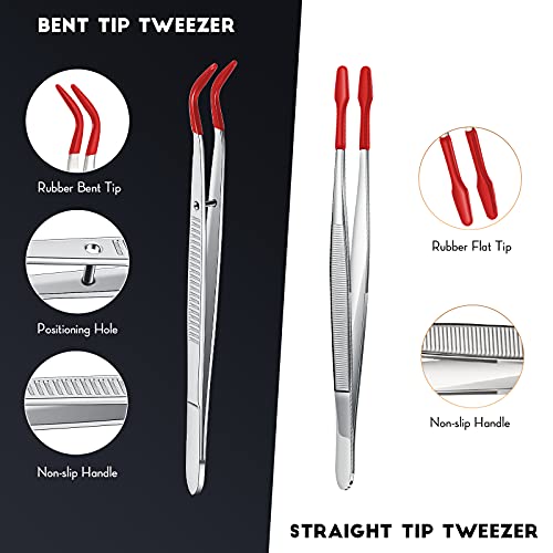 Honoson 2pcs Tweezers with Rubber Tips Set Bent and Straight, Silver, Red - color: Silver, Red