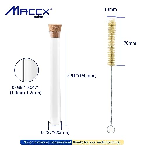 Glass Test Tubes with Cork and Brush, Vol.34ml/Dia.20x150mm, Pack of 50, 3.3 Borosilicate Glass, TTGS01-050 - style: 50pcs of Vol.34ml, with cork& brush