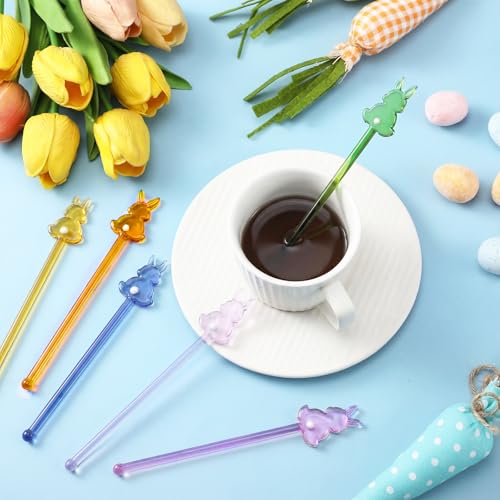 Qinyoung 12 Pcs Easter Glass Drink Stirrers 7 Inch Swizzle Sticks for Cocktails Coffee Reusable Rabbit Beverage Stir Sticks for Easter Party Coffee Bar Kitchen Bar Weddings - style: Rabbit