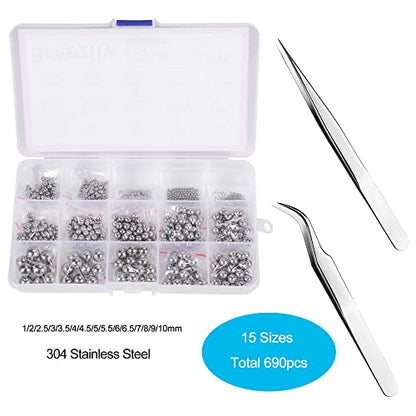 690 Piece 1-10mm 15 Sizes Metric Precision 304 Stainless Steel Assorted Loose Bicycle Bearing Steel Ball Assortment Kit - size: 0.039 - 0.394 in