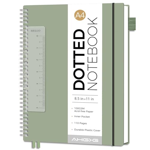 AHGXG Dotted Journal, Grid Spiral Notebook, 110 Pages, A4 (8.5" x 11") - color: Sage Green, style: A4-Dotted