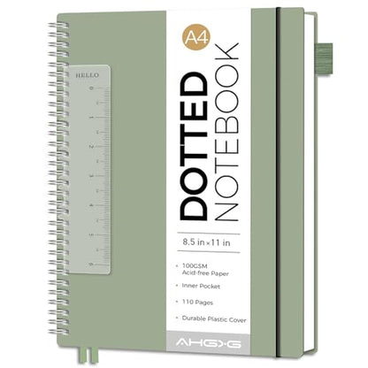 AHGXG Dotted Journal, Grid Spiral Notebook, 110 Pages, A4 (8.5" x 11") - color: Sage Green, style: A4-Dotted
